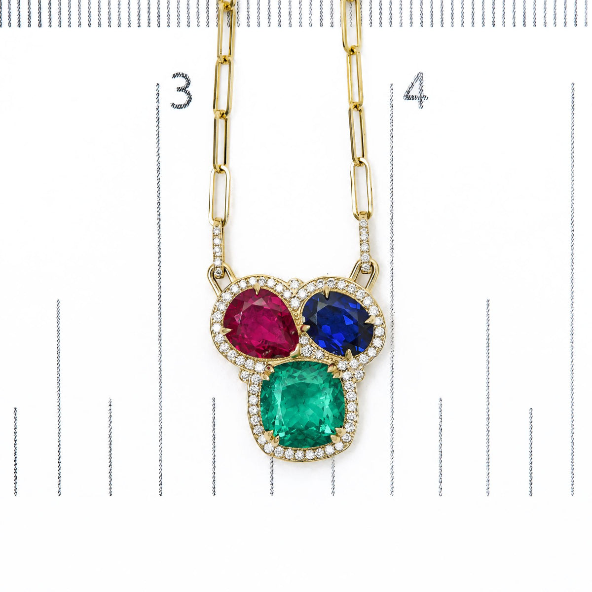 14K Yellow Gold Lab-Created Ruby, Sapphire & Emerald Pendant Necklace with 1/3 Cttw Lab-Grown Diamond Halos