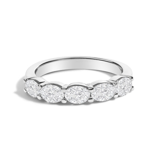 Close-up front angle of a white ring featuring five oval-shaped white gemstones set in a shared prong setting.