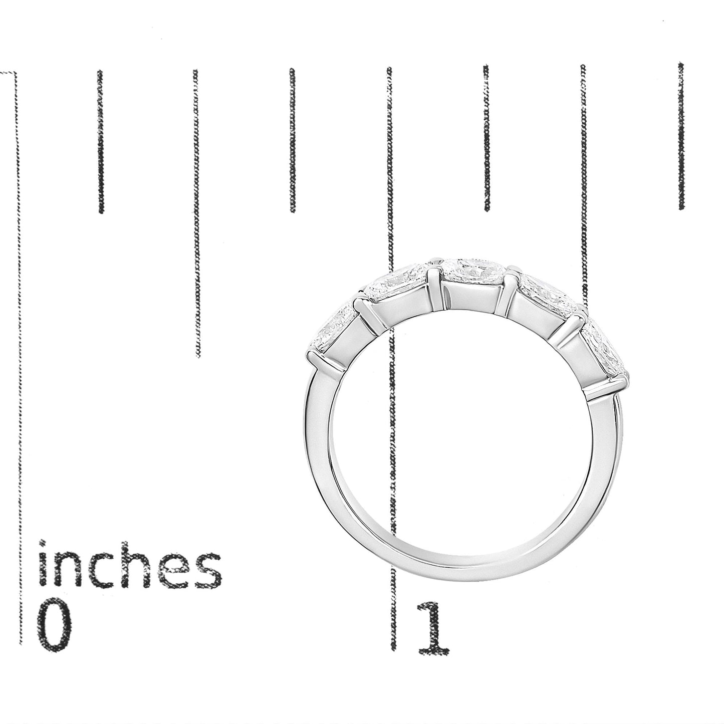White metal ring with five oval white gemstones in a shared prong setting, shown on a scale, front view.