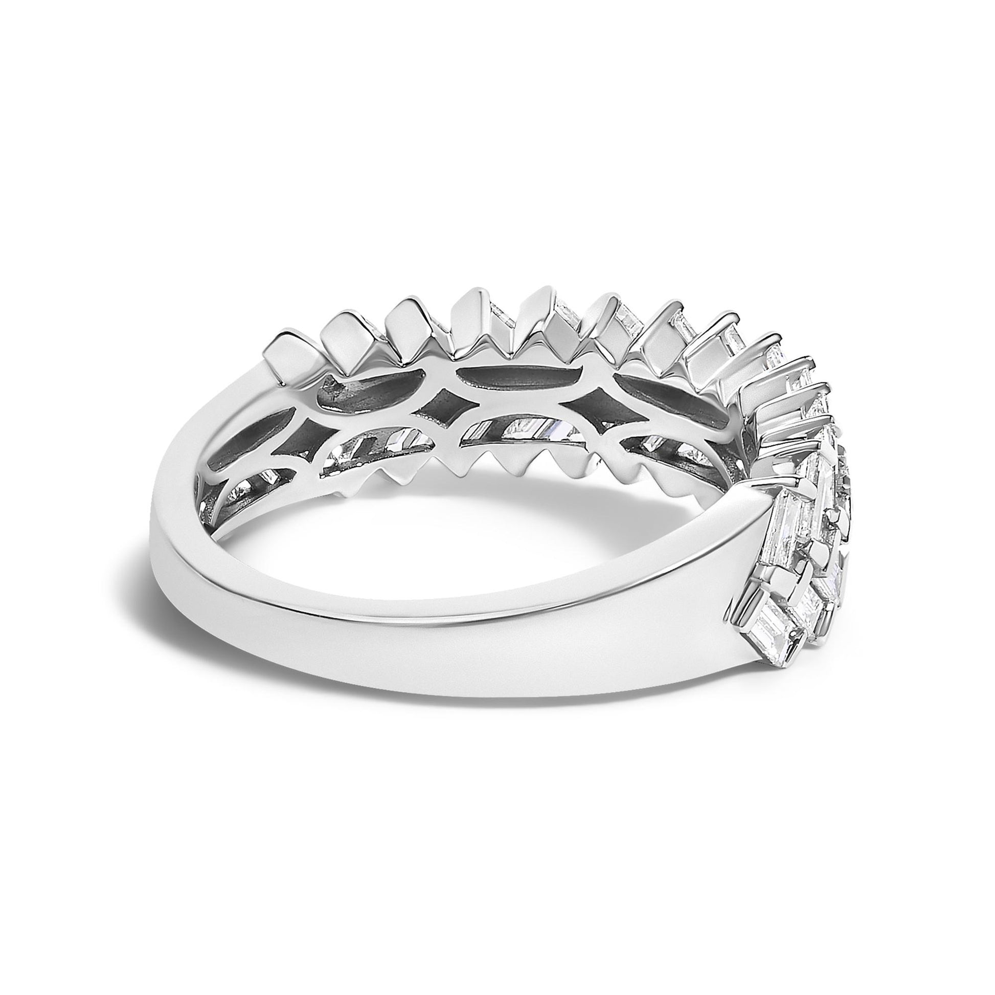 White metal ring with white baguette-shaped gemstones in a channel setting, shown at an angled side view on a white background.