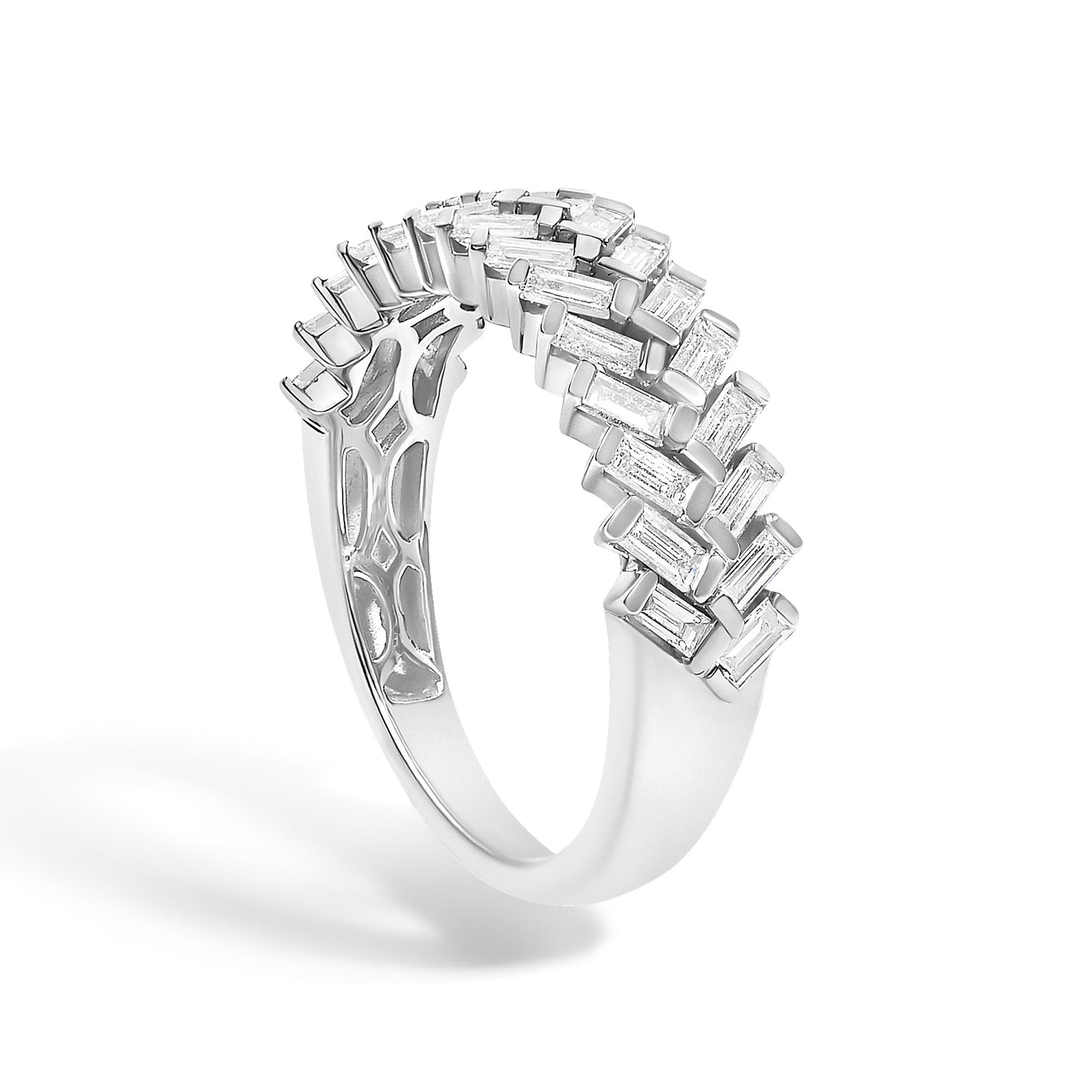 Close-up front angle of a white metal ring featuring a channel setting of rectangular white gemstones arranged in a staggered pattern.
