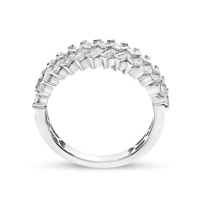 Close-up side angle of a white metal ring featuring multiple white baguette-shaped gemstones in a channel setting along the top half of the band.