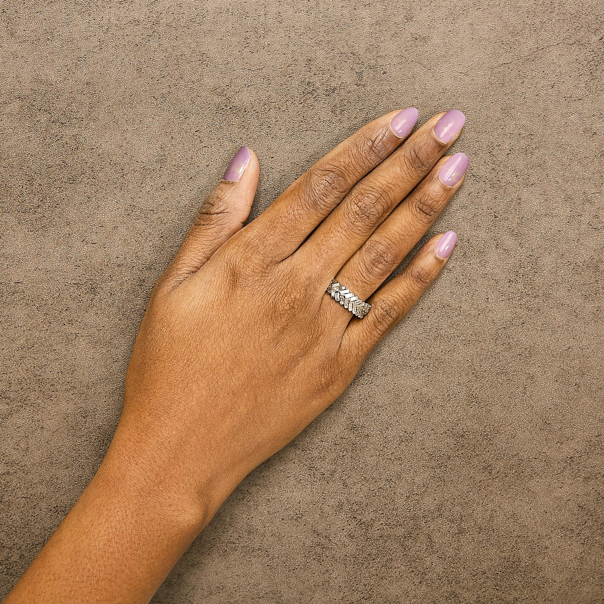 White metal ring with multiple white baguette-shaped gemstones in a channel setting, shown worn on a model's hand from a top angle.