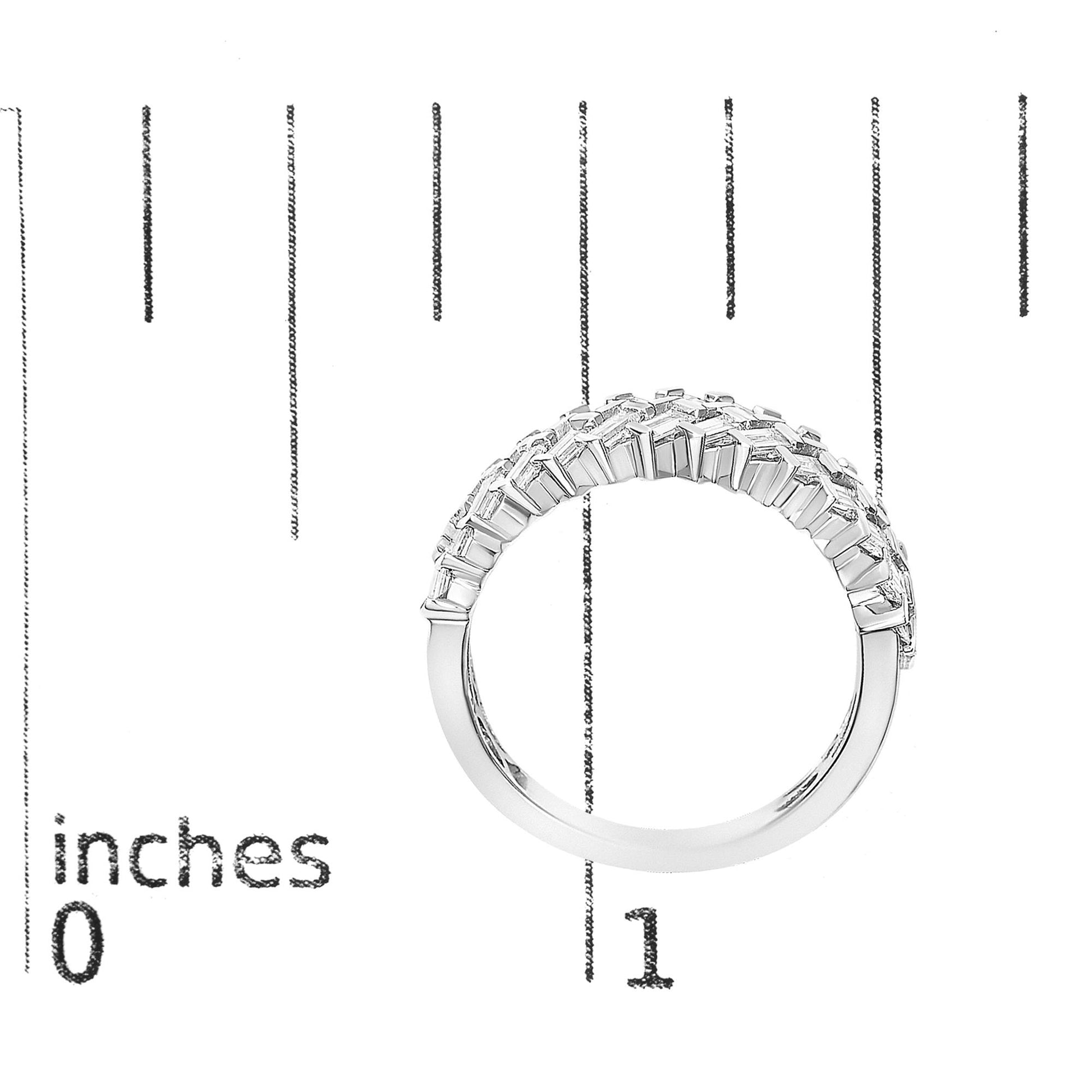 White metal ring with a curved row of channel-set baguette-shaped white gemstones, shown on a scale from the side angle.