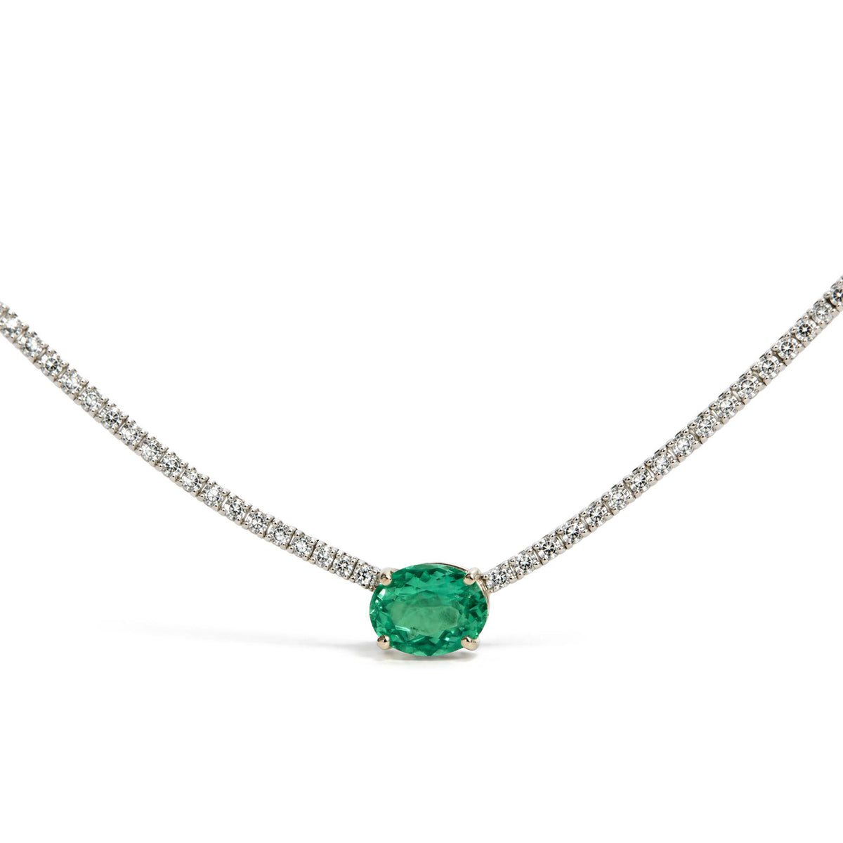 14 White Gold Oval Created Green Emerald and 3 1/3 Cttw Lab-Grown Diamond Tennis Necklace
