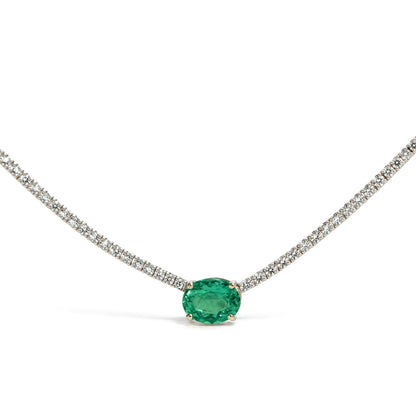 14 White Gold Oval Created Green Emerald and 3 1/3 Cttw Lab-Grown Diamond Tennis Necklace