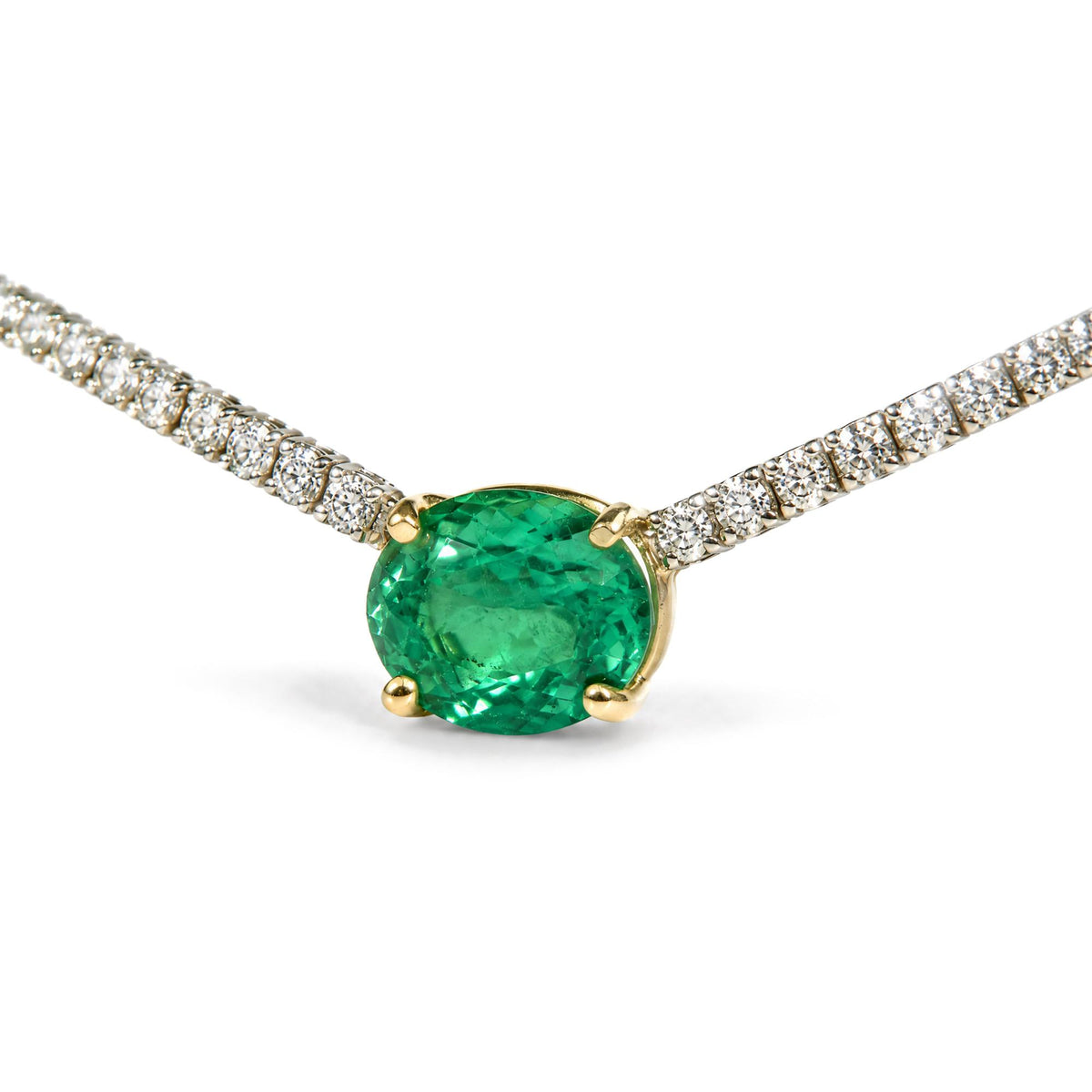 14 White Gold Oval Created Green Emerald and 3 1/3 Cttw Lab-Grown Diamond Tennis Necklace