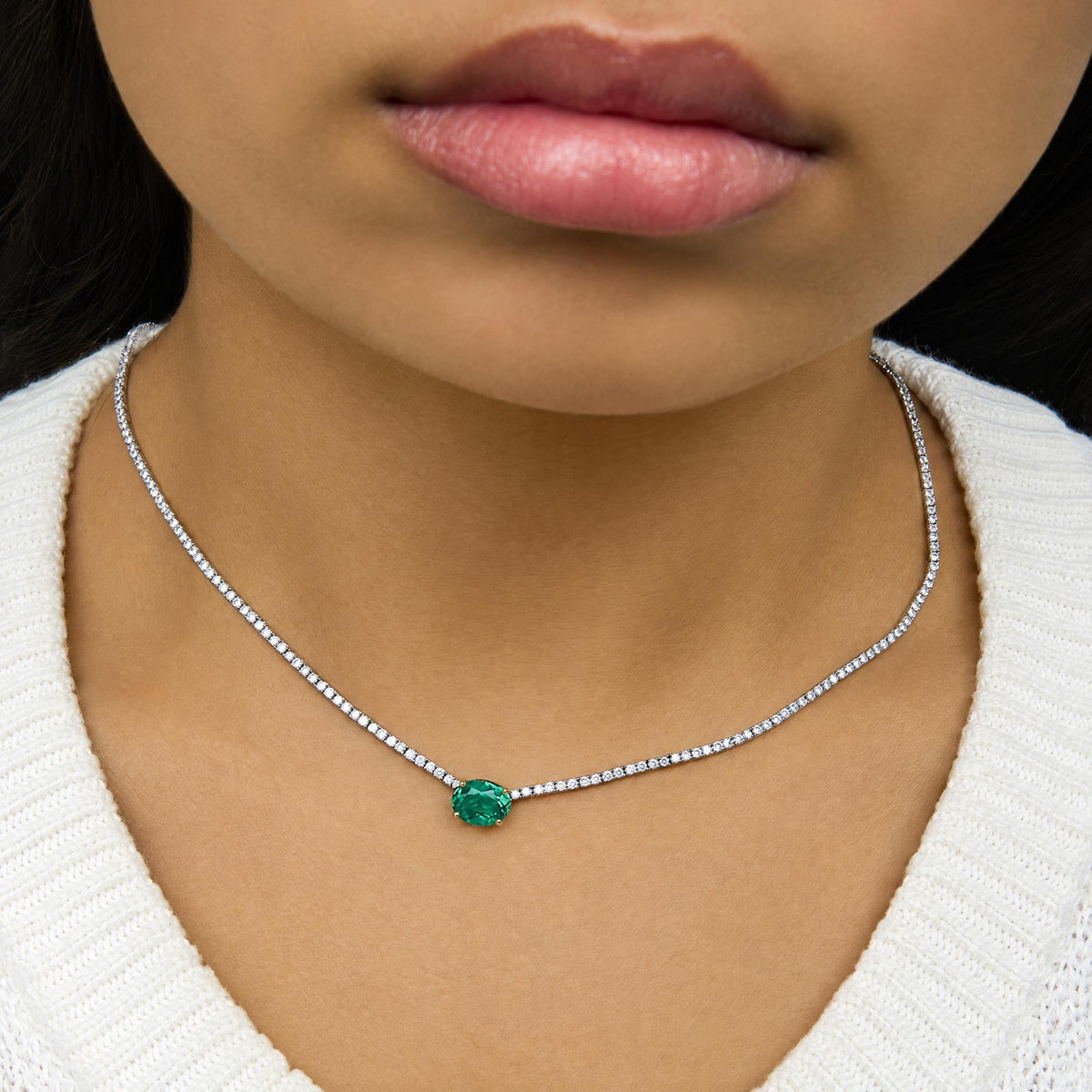 14 White Gold Oval Created Green Emerald and 3 1/3 Cttw Lab-Grown Diamond Tennis Necklace