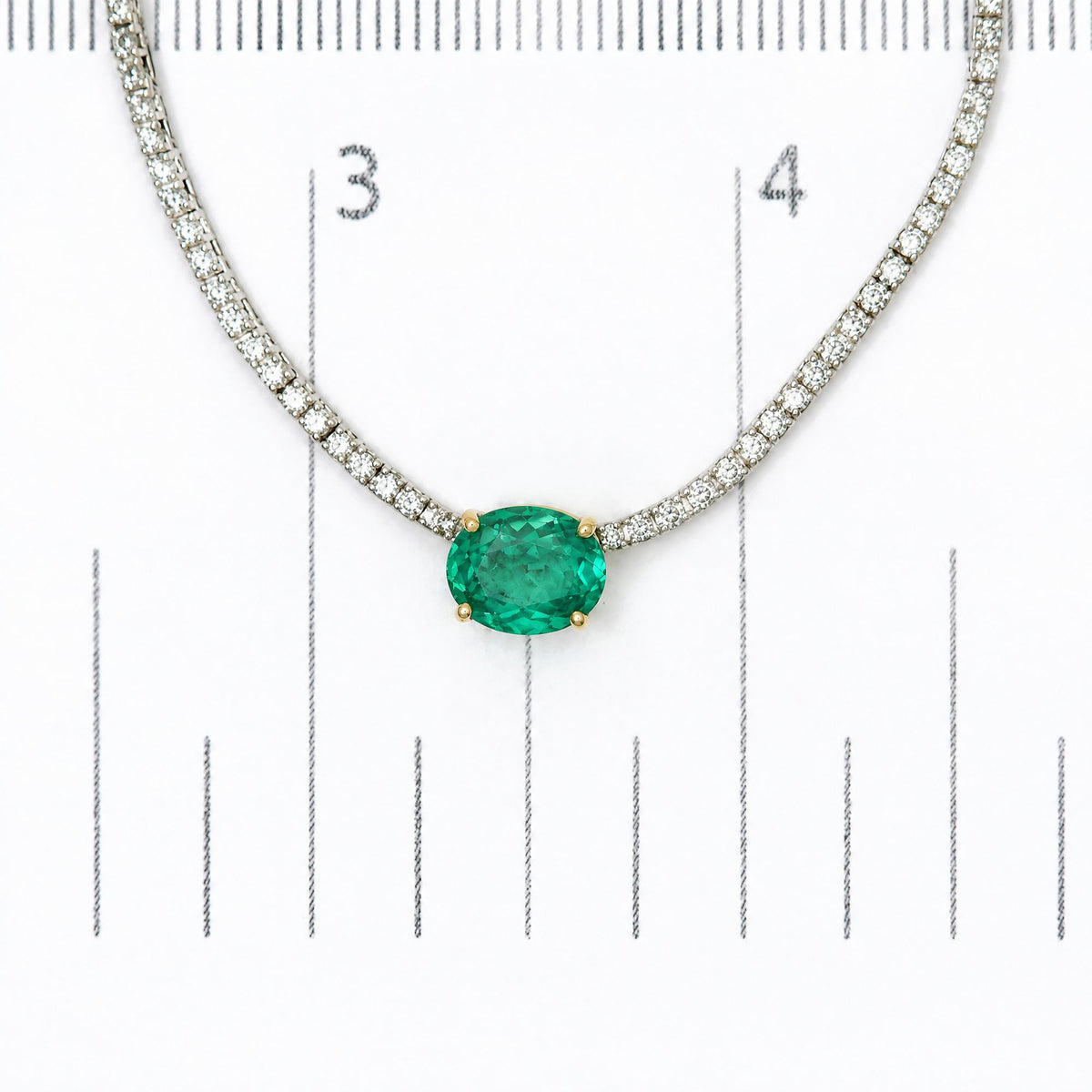 14 White Gold Oval Created Green Emerald and 3 1/3 Cttw Lab-Grown Diamond Tennis Necklace