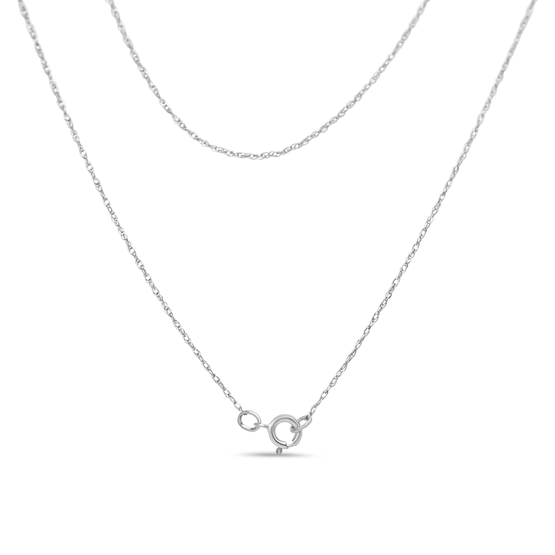 Close-up front view of a delicate white metal necklace chain with a spring ring clasp.