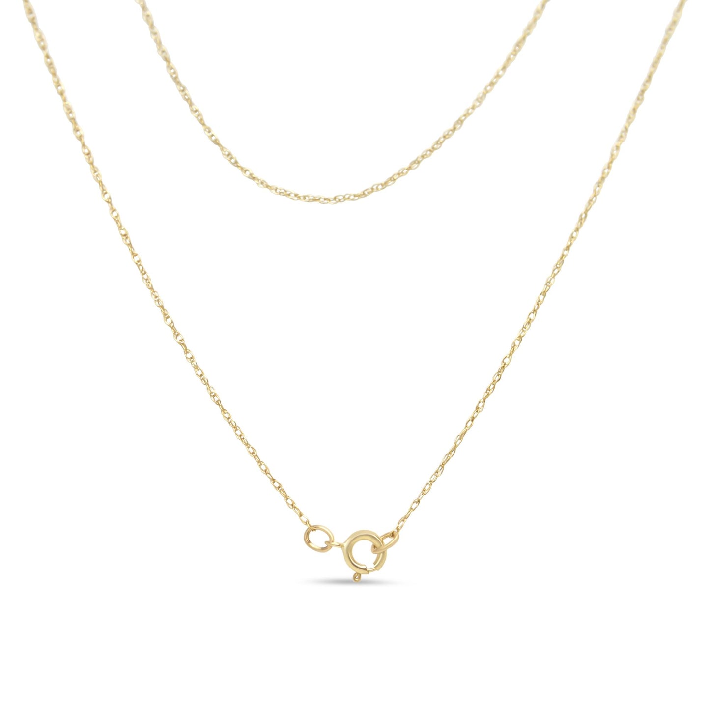 Close-up front view of a yellow necklace chain with a round clasp closure, displayed against a white background.