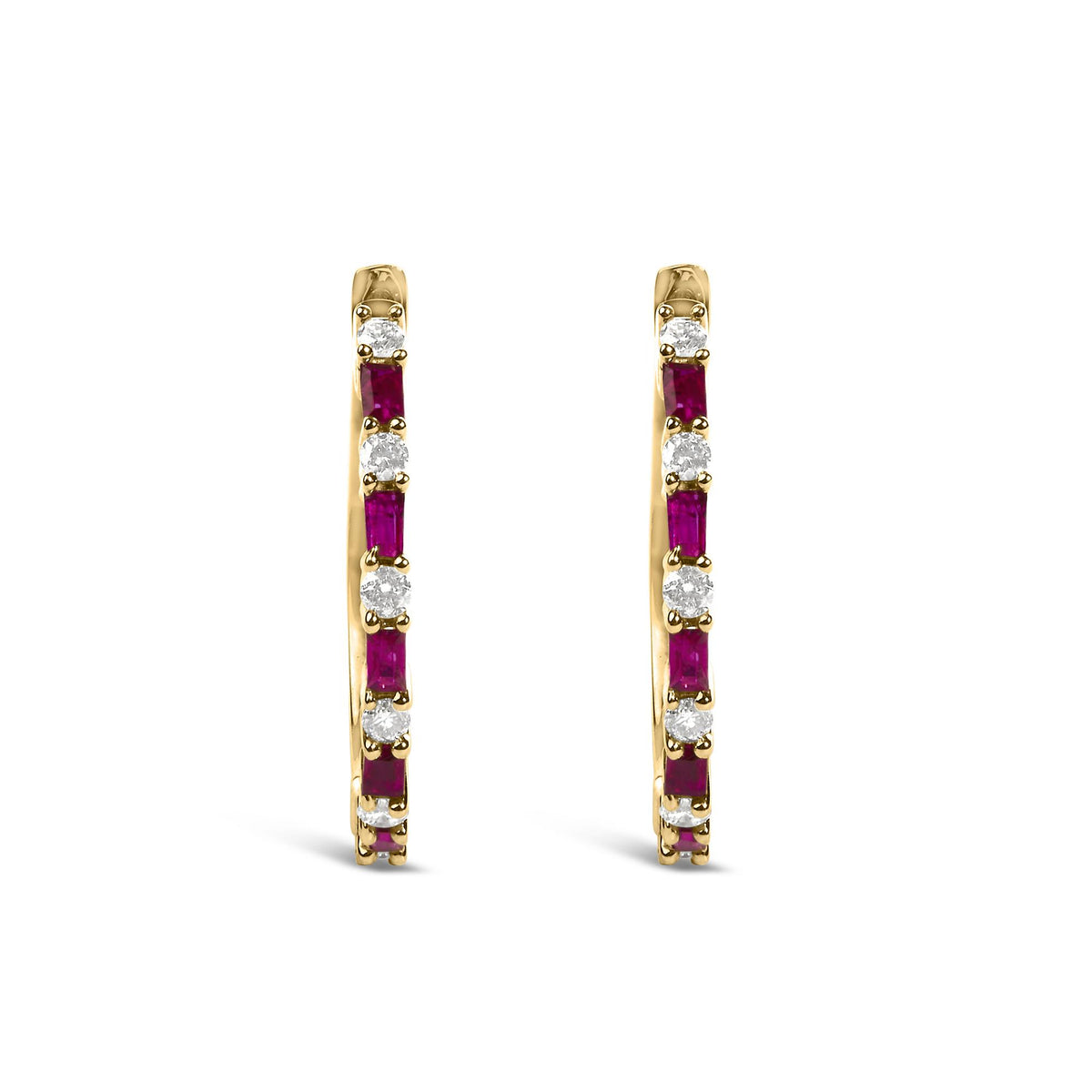 Close-up front view of a pair of yellow metal hoop earrings set with alternating round white gemstones and rectangular red gemstones in prong settings.