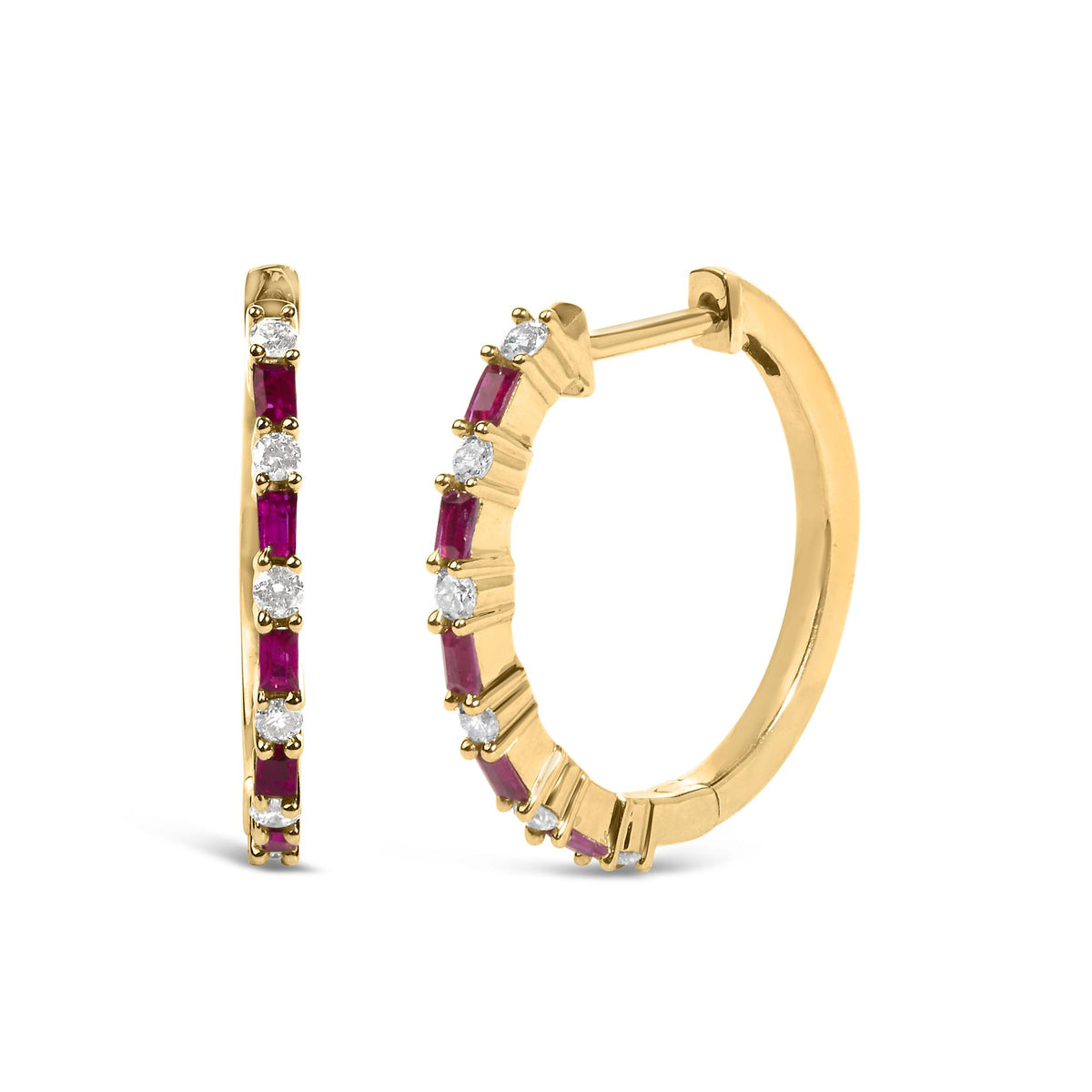 Close-up front and side view of yellow metal hoop earrings set with alternating round white gemstones and rectangular red gemstones in prong settings.