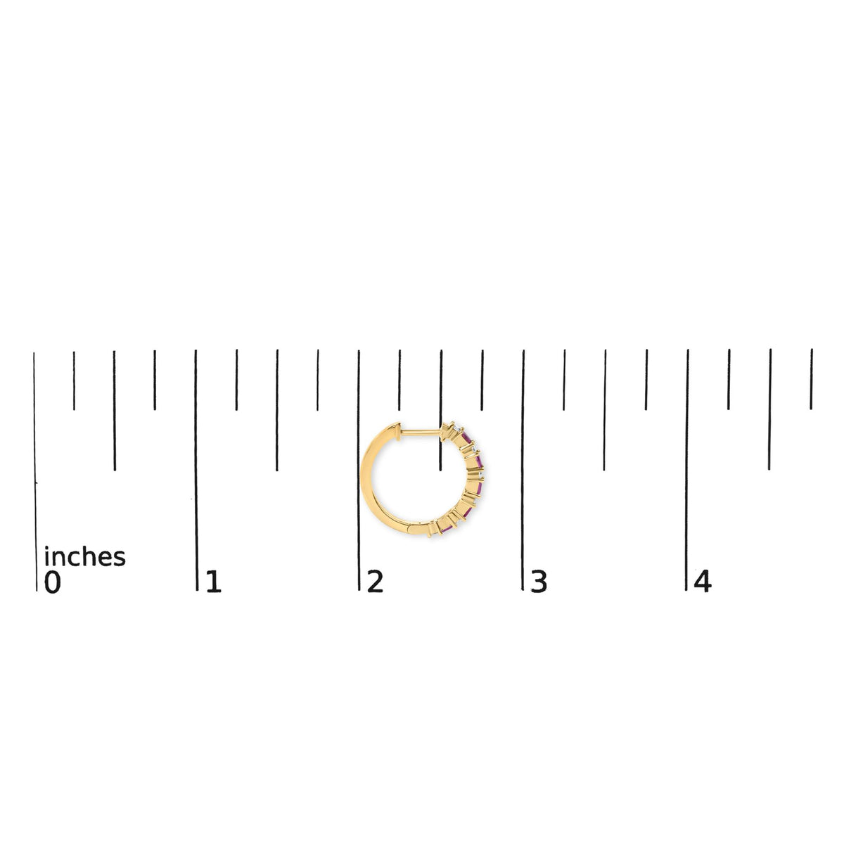 Close-up front view of a yellow metal hoop earring shown on a scale, featuring alternating red baguette-shaped gemstones and white round-shaped gemstones in prong settings along part of the hoop.
