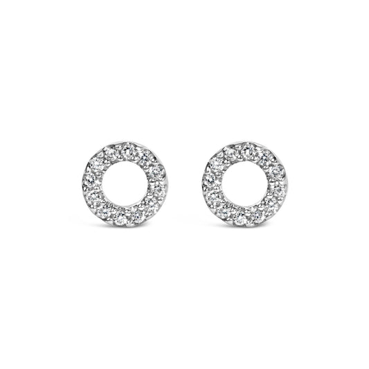 Front view of 14K White Gold 1/10 Cttw Diamond Open Circle Stud Earrings showcasing diamond settings with a white background