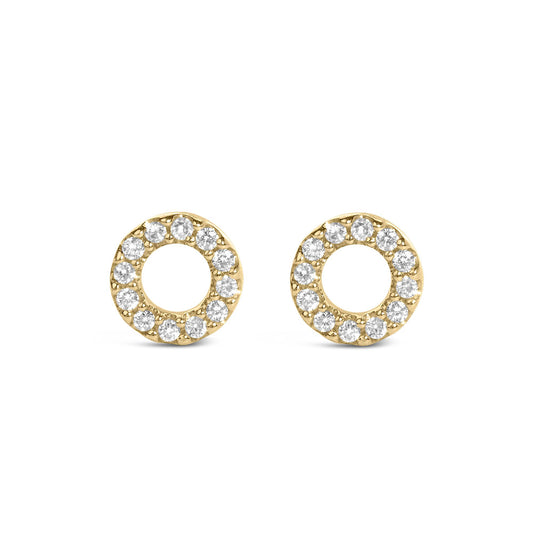 Front view of 14K white gold 1/10 Cttw diamond open circle stud earrings showcasing diamond halos on white background