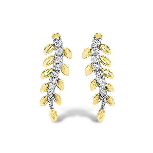 14K Yellow Gold 1/10 Cttw Diamond Leaf Drop Stud Earrings