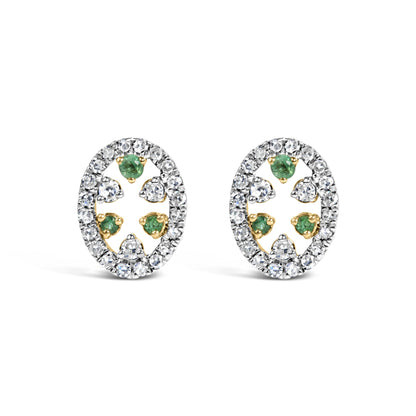 Close-up front view of a pair of yellow metal oval earrings featuring white round prong-set gemstones forming the outer edge and surrounding multiple green round prong-set gemstones inside.