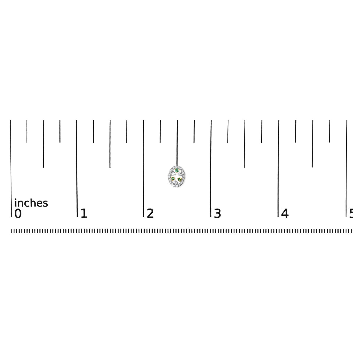 Yellow metal oval-shaped earrings with round white and green gemstones in prong settings, shown on a scale from a top-down angle.