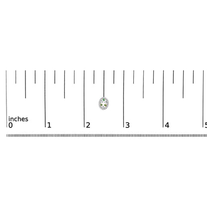 Yellow metal oval-shaped earrings with round white and green gemstones in prong settings, shown on a scale from a top-down angle.