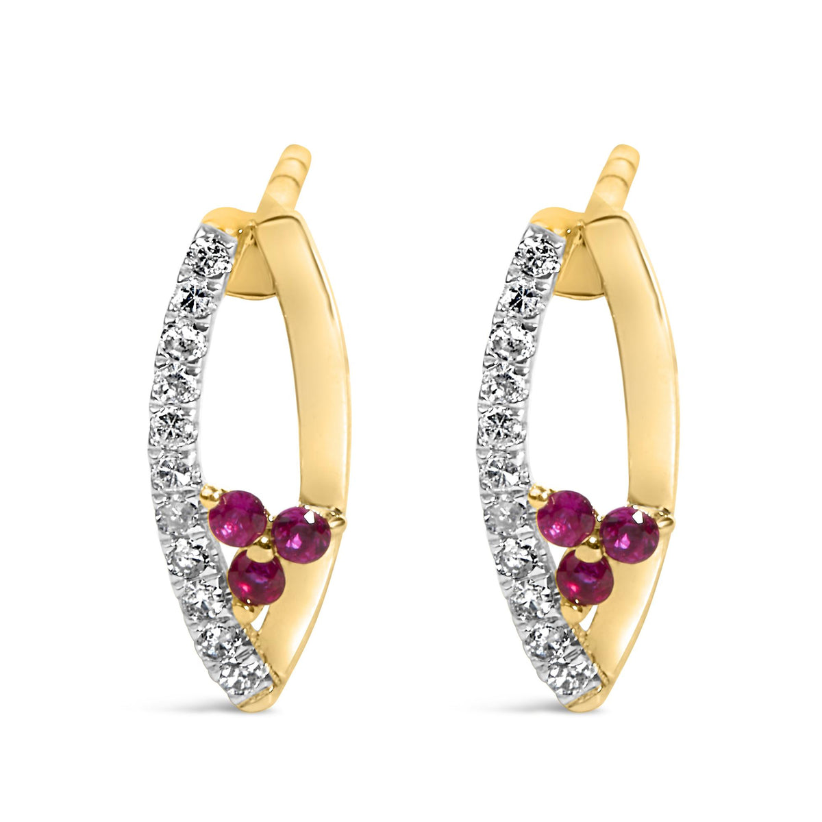 Close-up front angle of yellow metal earrings with a split hoop design, featuring a row of small white round gemstones on one side and a cluster of red round gemstones at the bottom.