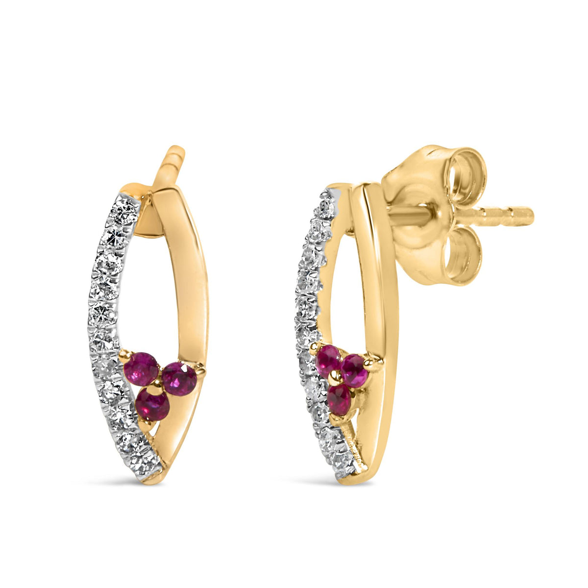 Close-up front view of a pair of yellow metal earrings with round white gemstones prong set along one side and clusters of round red gemstones at the base, shown on a white background.