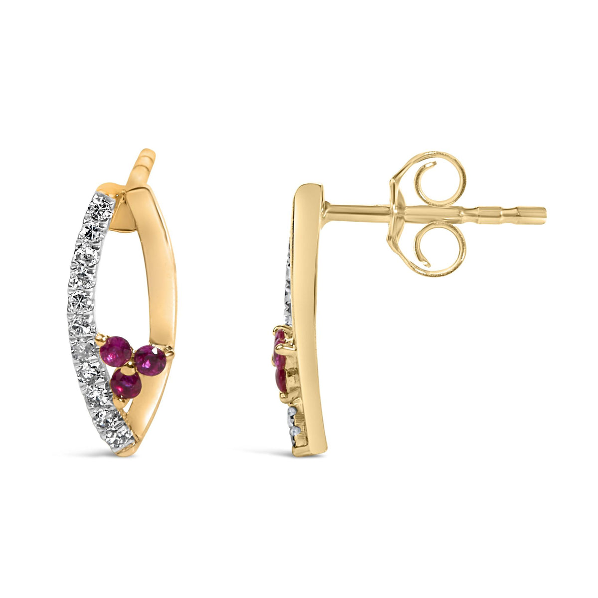 Close-up image of yellow metal earrings shown on a white background from a side angle featuring round white gemstones in prong settings along the curve and clusters of round red gemstones near the base.