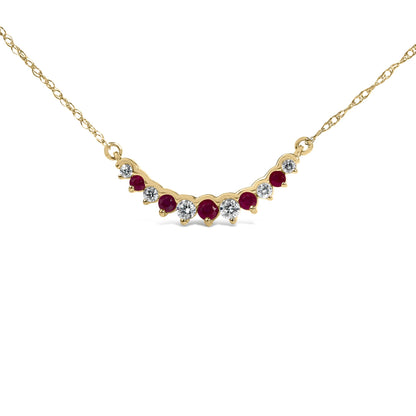 Yellow necklace shown from a slightly angled front view, featuring alternating round red and white gemstones in prong settings along a curved bar.