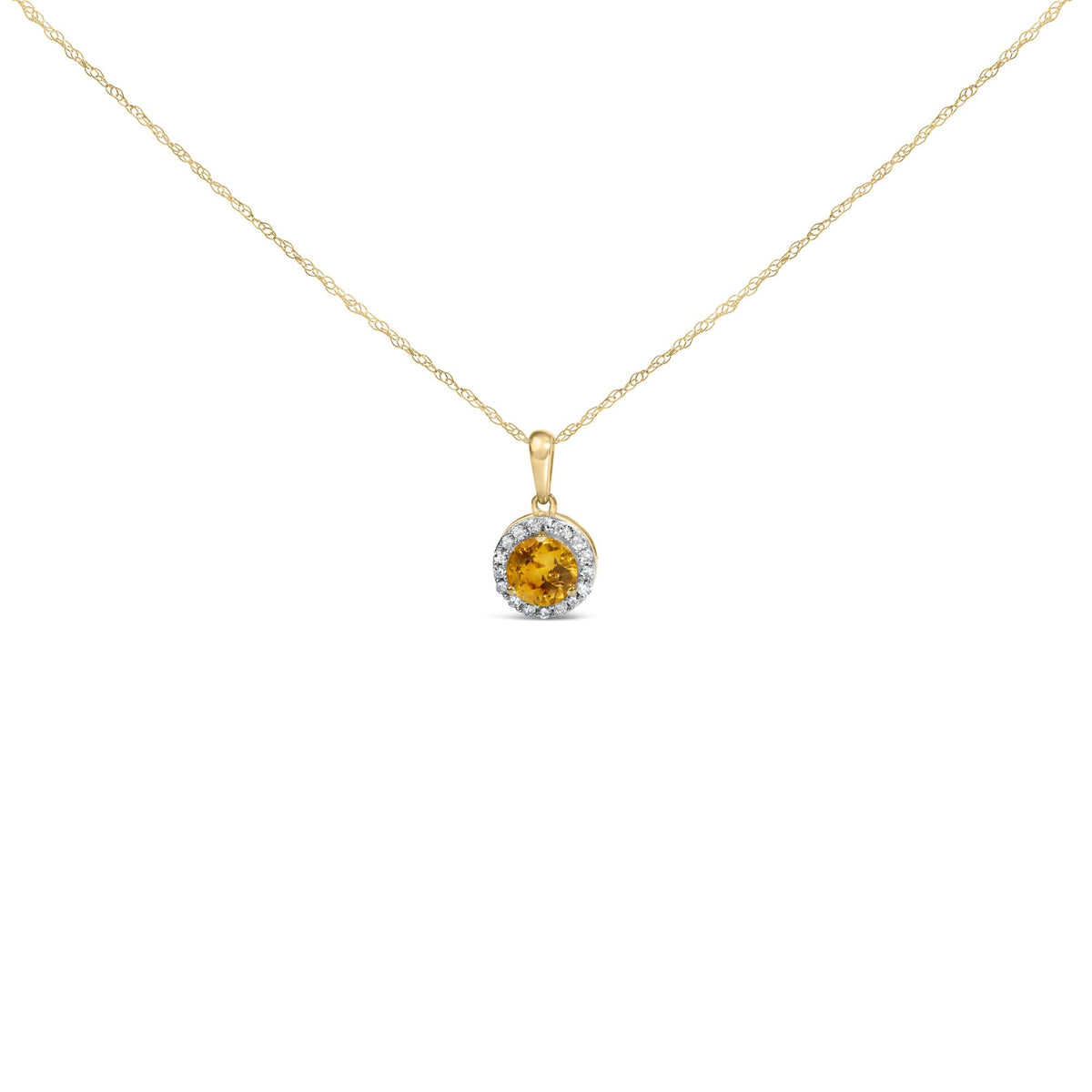 Close-up front view of a yellow metal necklace with a round yellow gemstone pendant surrounded by round white gemstones, shown on a white background.