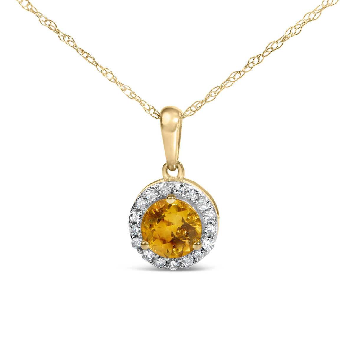 Close-up front view of a yellow necklace pendant featuring a round yellow gemstone surrounded by small round white gemstones in a prong setting.