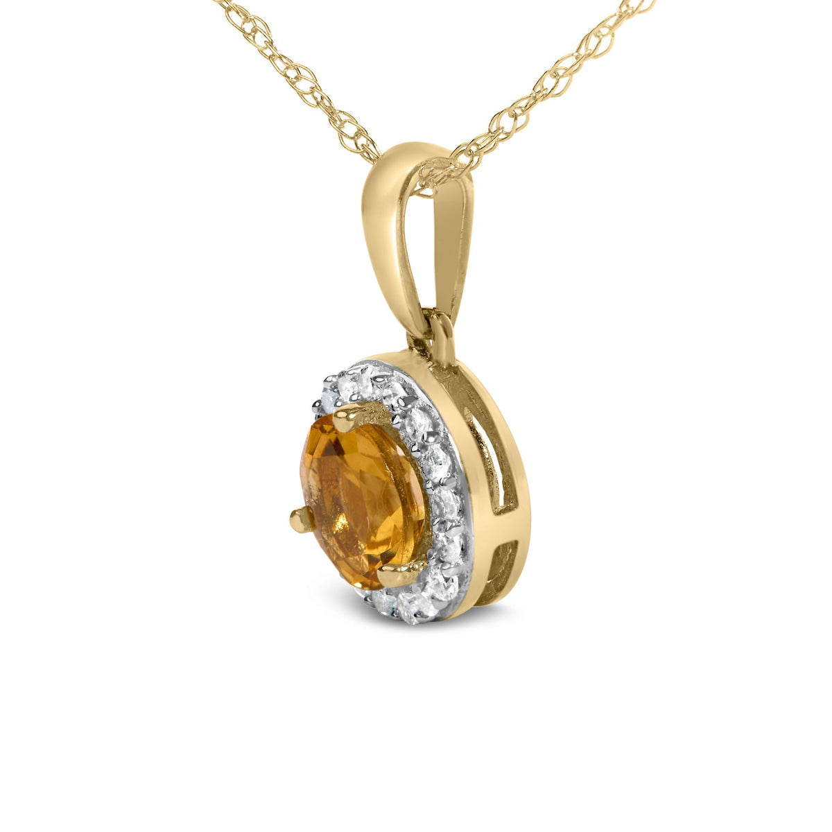 Close-up front angle of a yellow metal necklace pendant featuring a yellow round gemstone surrounded by a halo of white round gemstones in prong settings, shown on a white background.