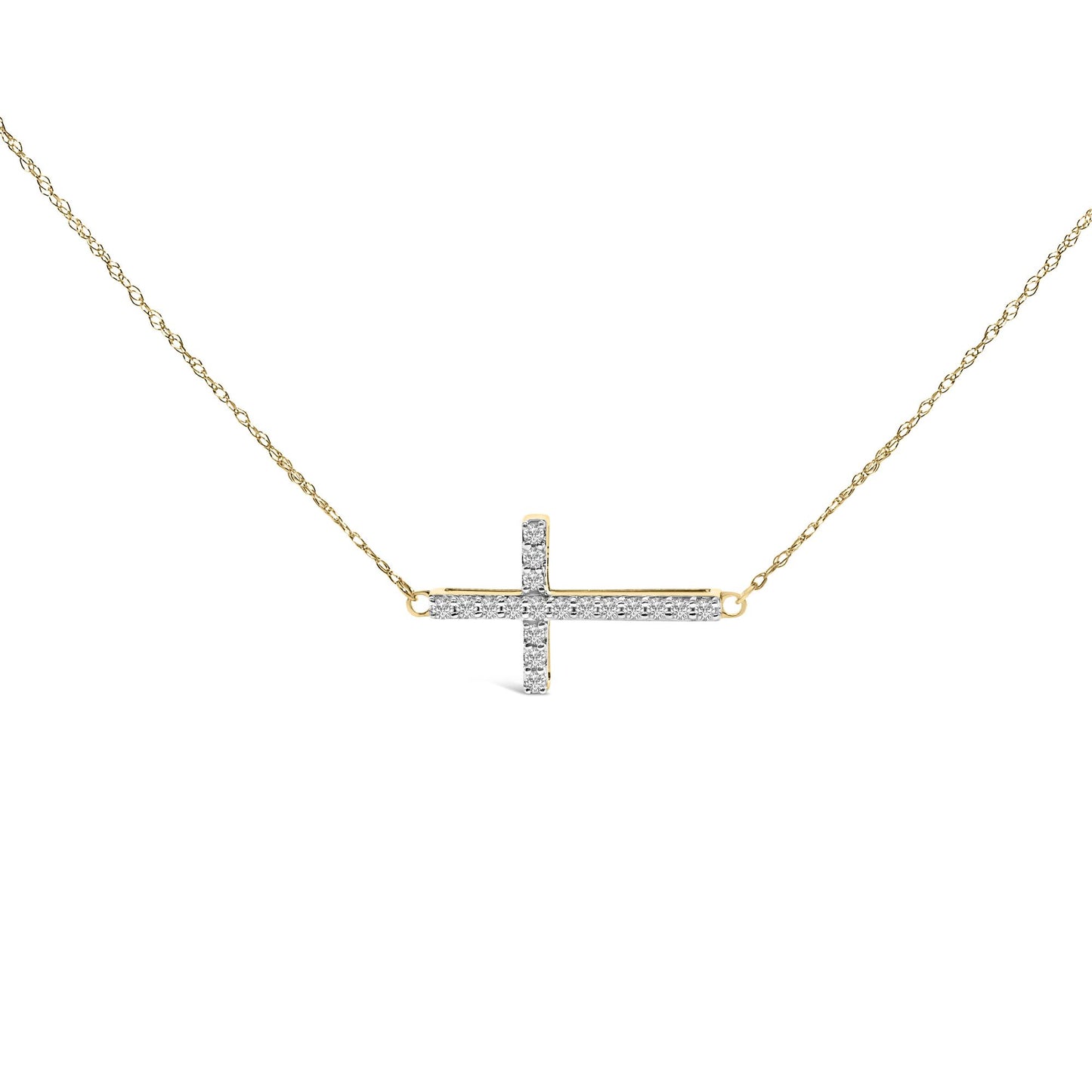 Yellow necklace shown from the front with a horizontal cross pendant featuring white round gemstones in a shared prong setting.