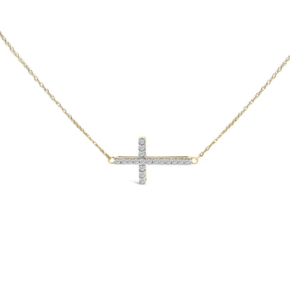 Yellow necklace shown from the front with a horizontal cross pendant featuring white round gemstones in a shared prong setting.