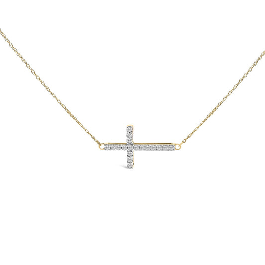 Yellow necklace shown from the front with a horizontal cross pendant featuring white round gemstones in a shared prong setting.
