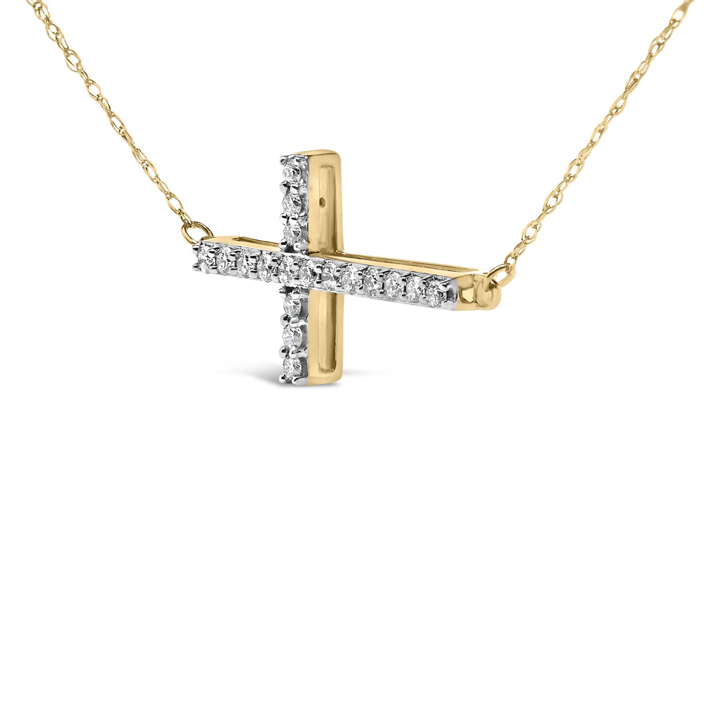 Close-up angled view of a yellow metal cross-shaped necklace pendant adorned with white round gemstones in a shared prong setting, shown suspended on a matching yellow chain.