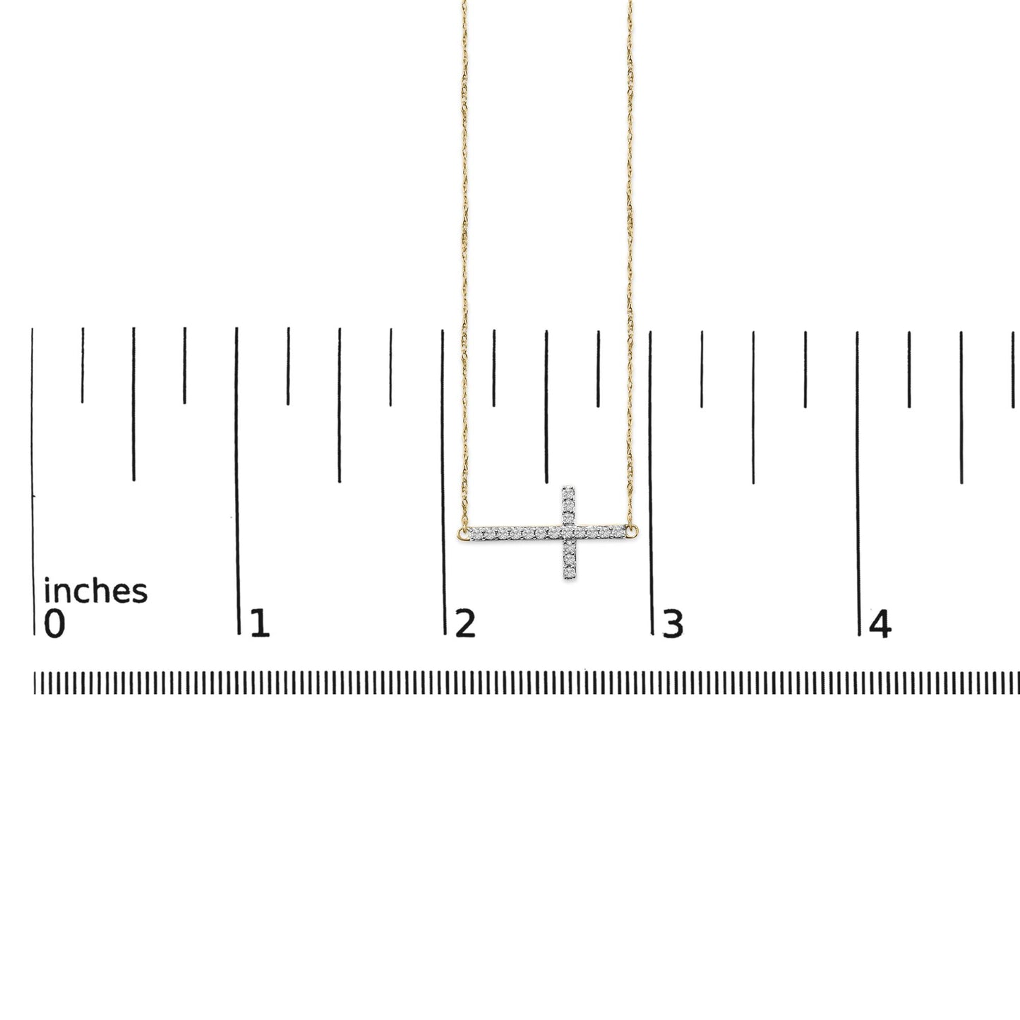 Necklace with a horizontal cross pendant set with round white gemstones in shared prong setting, shown on a scale from a front angle.