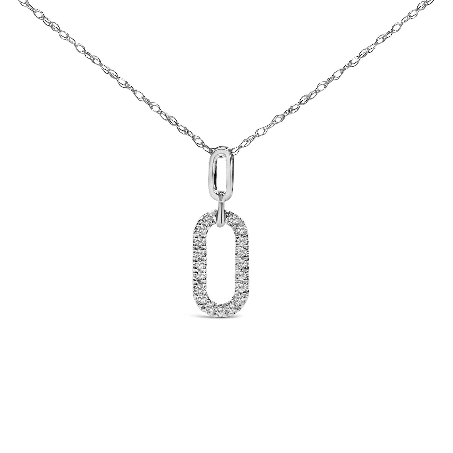 Front view of a white metal necklace with a pendant composed of two linked elongated oval shapes, the larger lower oval adorned with round white gemstones in a pave setting.