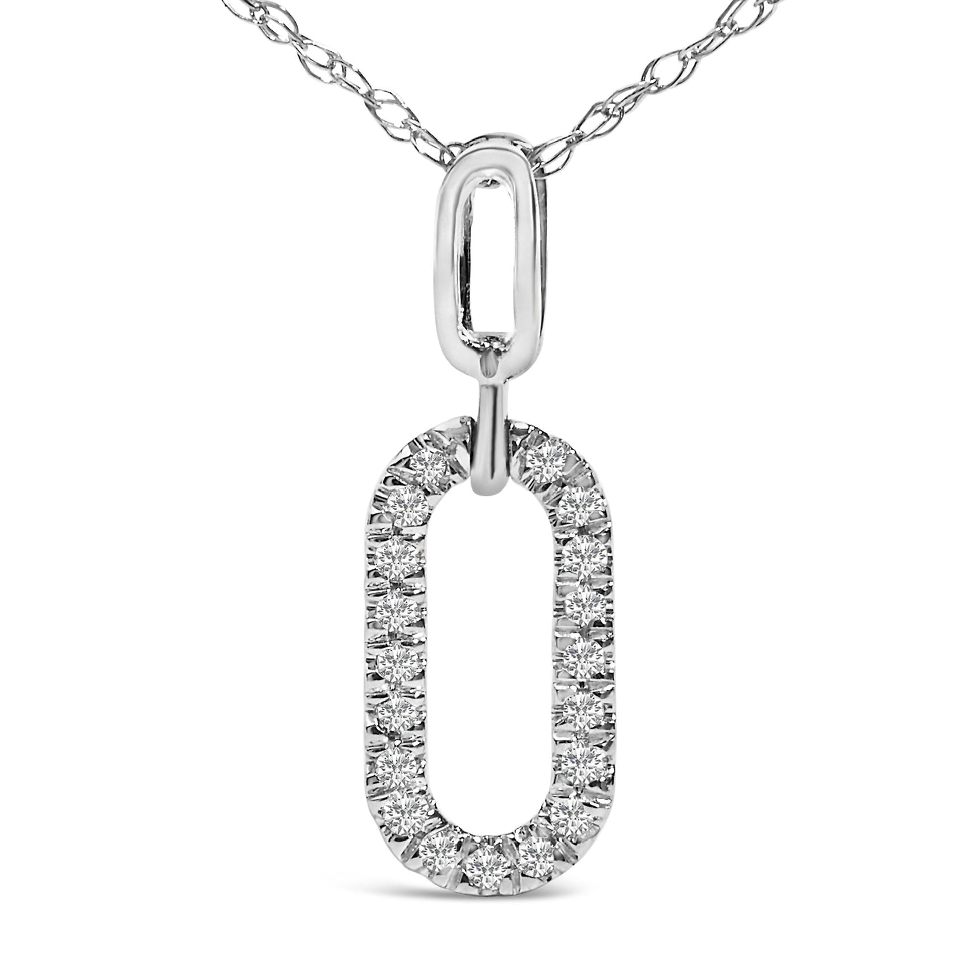 Close-up front view of a white metal necklace with an elongated oval pendant featuring round white gemstones in a pave setting.