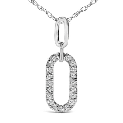 Close-up front view of a white metal necklace with an elongated oval pendant featuring round white gemstones in a pave setting.