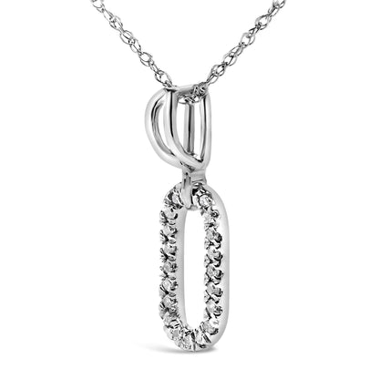 Close-up front angled view of a white metal necklace featuring an oval pendant adorned with round white gemstones in a pave setting, hanging from a chain.