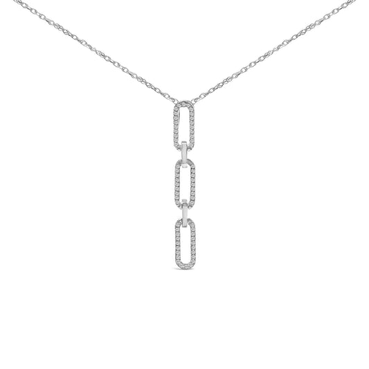 Front view of a white necklace with a chain and three elongated rectangular links encrusted with small white gemstones in prong settings, connected vertically.