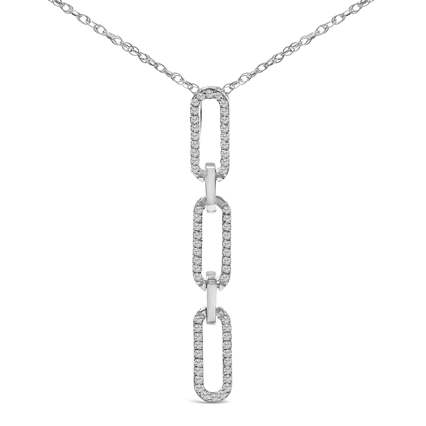 Close-up front view of a white metal necklace with a chain and three elongated rectangular links, each outlined with small round white gemstones in prong settings.