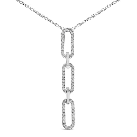 Close-up front view of a white metal necklace with a chain and three elongated rectangular links, each outlined with small round white gemstones in prong settings.