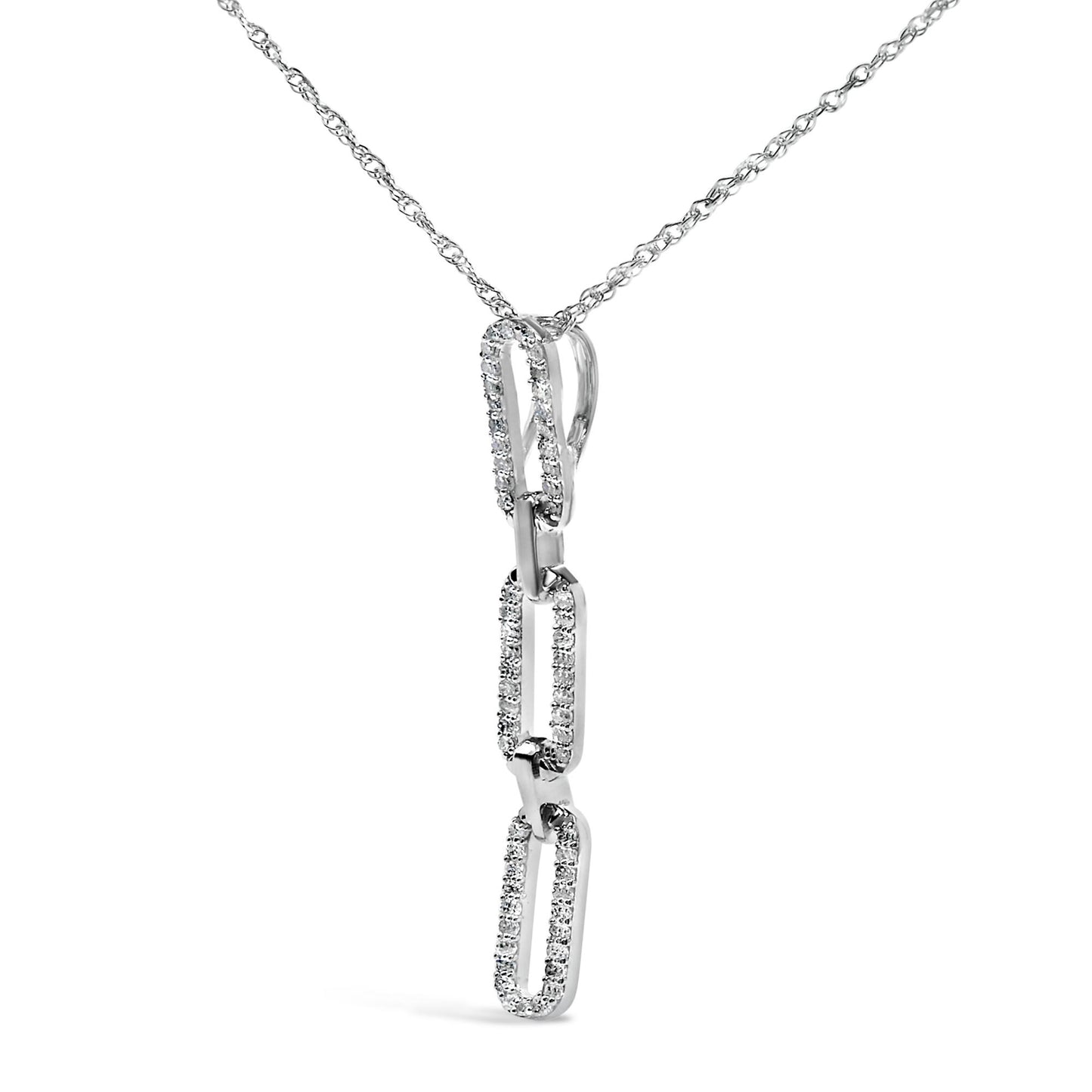 Close-up front angle of a white metal necklace with a pendant consisting of three elongated rectangular links, each adorned with white round gemstones in prong settings.