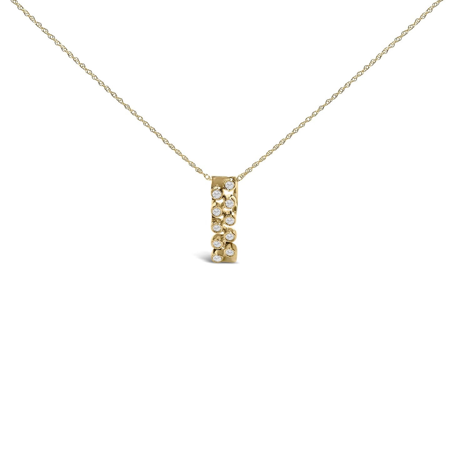 Yellow metal necklace with a vertical rectangular pendant featuring round white gemstones in bezel settings, shown against a white background from a front angle.