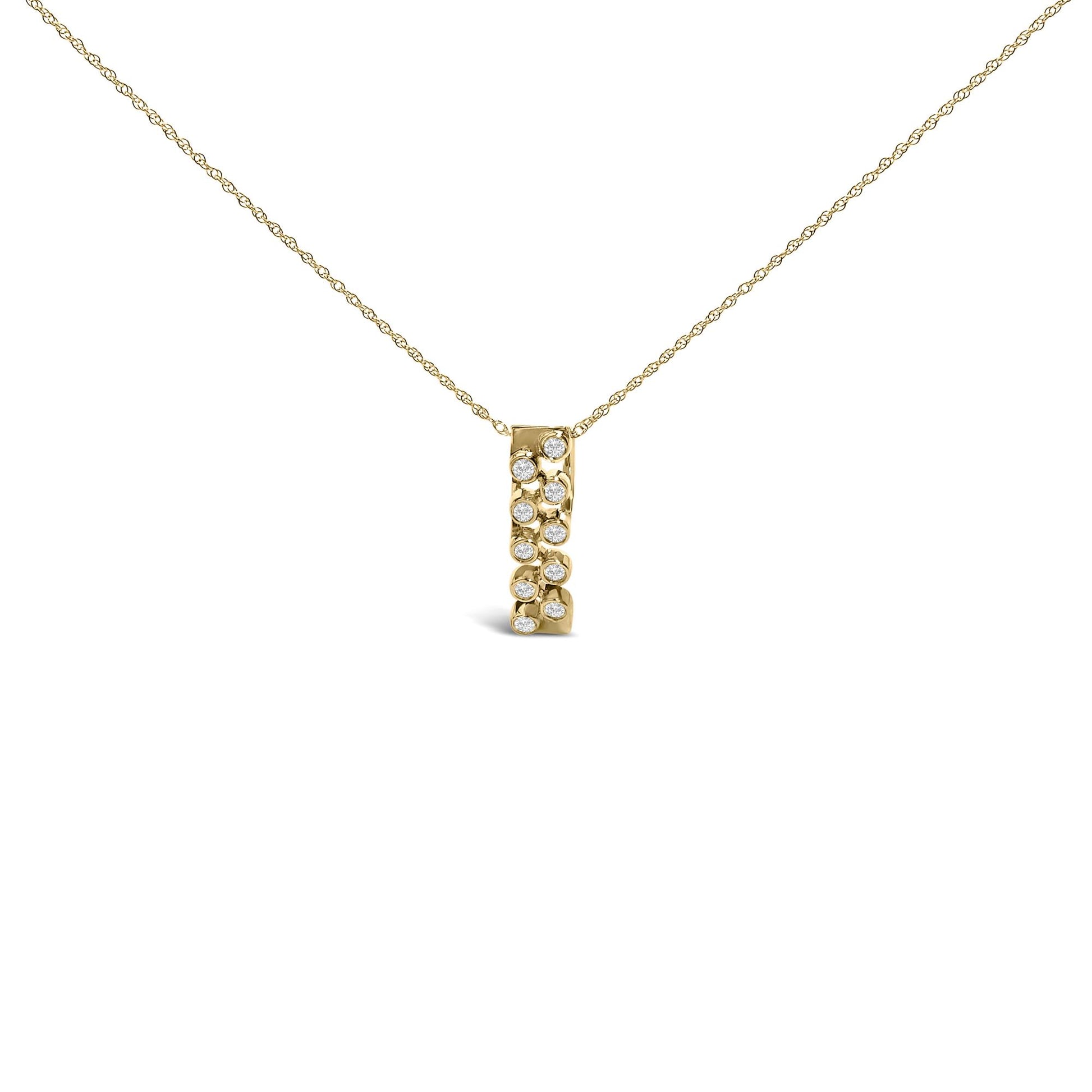 Yellow metal necklace with a vertical rectangular pendant featuring round white gemstones in bezel settings, shown against a white background from a front angle.