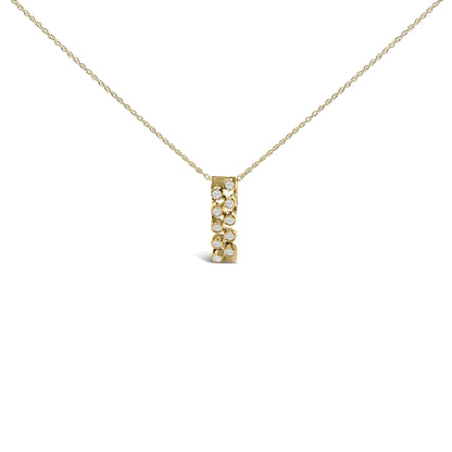 Yellow metal necklace with a vertical rectangular pendant featuring round white gemstones in bezel settings, shown against a white background from a front angle.