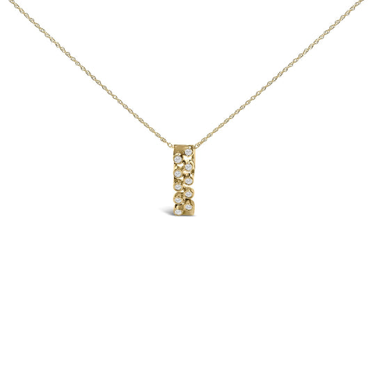 Yellow metal necklace with a vertical rectangular pendant featuring round white gemstones in bezel settings, shown against a white background from a front angle.