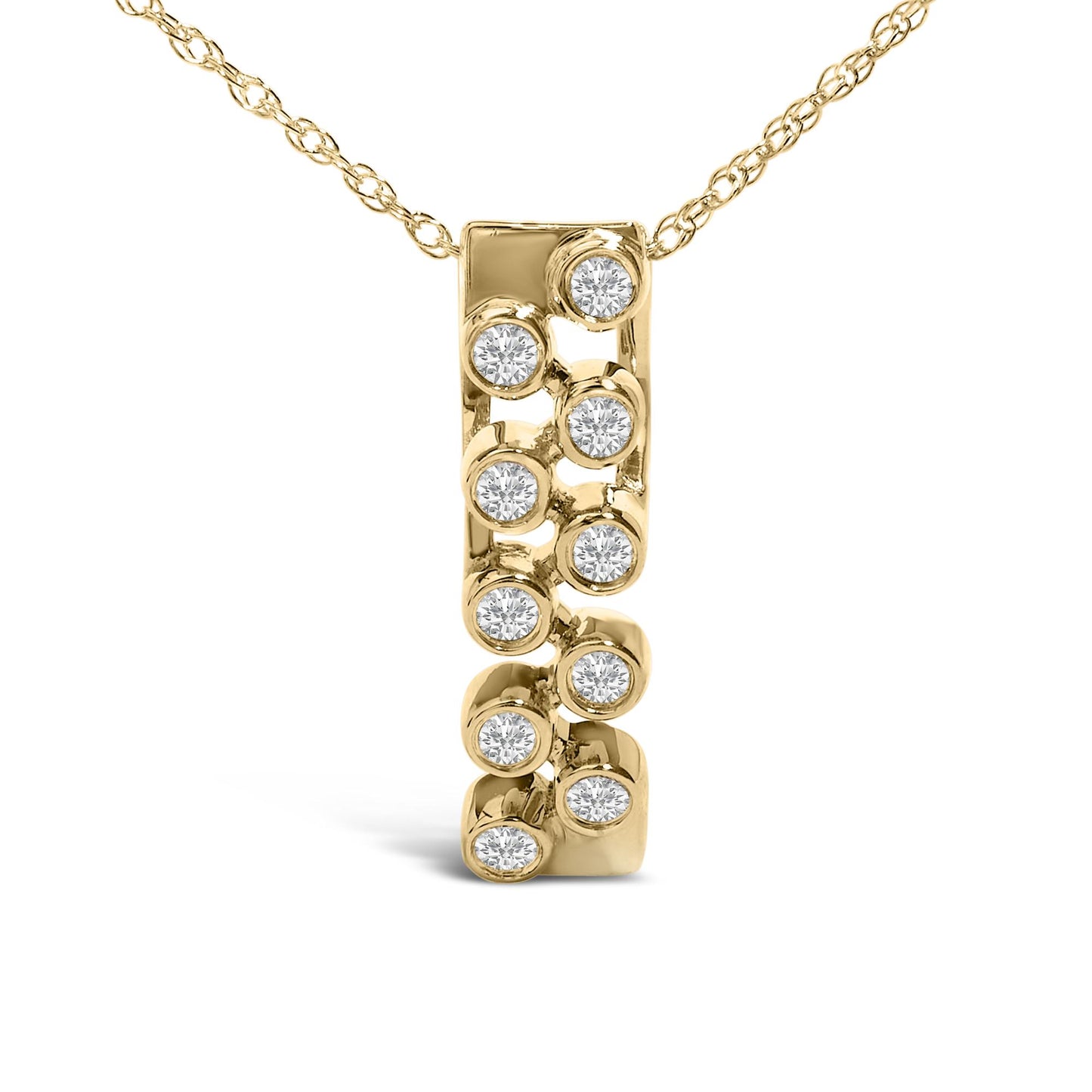 Front view of a yellow metal necklace pendant featuring a vertical bar design with round white gemstones set in bezel settings, shown close-up on a white background.