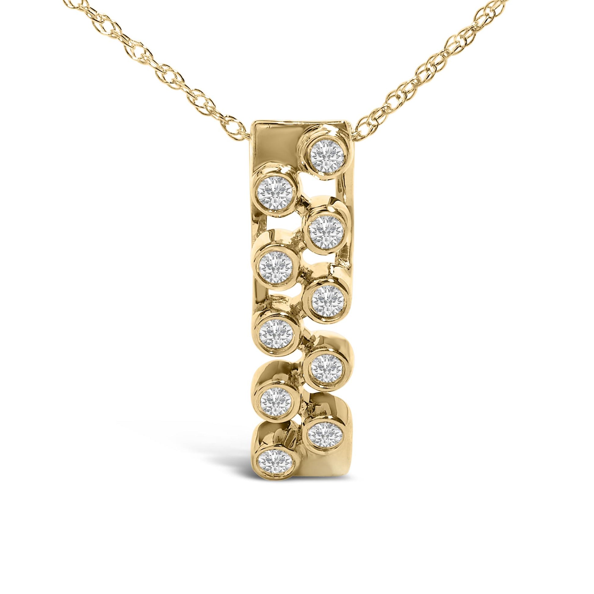 Front view of a yellow metal necklace pendant featuring a vertical bar design with round white gemstones set in bezel settings, shown close-up on a white background.